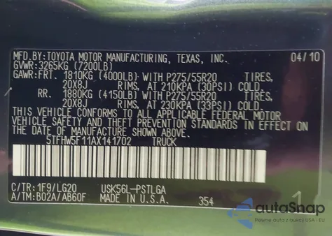 2010 Toyota Tundra Limited 5.7L V8 from USA, damaged, VIN 5TFHW5F11AX141702